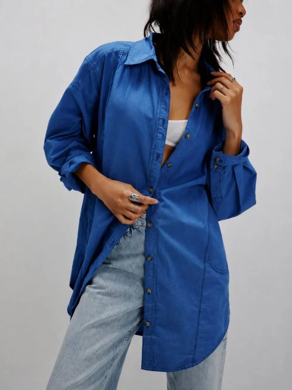 Free People We The Free Garden State Button Down Shirt XS Oversized Blue Cotton